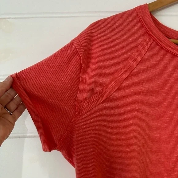 Lulu’s Cute Charisma Coral Pink Short Sleeve Slub Cropped Oversized Slouchy Tee - Picture 7 of 12